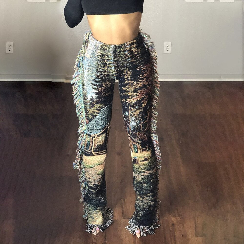Amfeov Women Sweat Pant Side Tassels Cartoon Printed Harajuku Trousers Cargo Slim Jogger Fleece Pants Fall Streetwear Casual Sweatpant