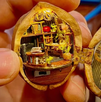 NEW Handmade 🏠 Walnut Shell Doll House--mini library, tiny World inside walnuts