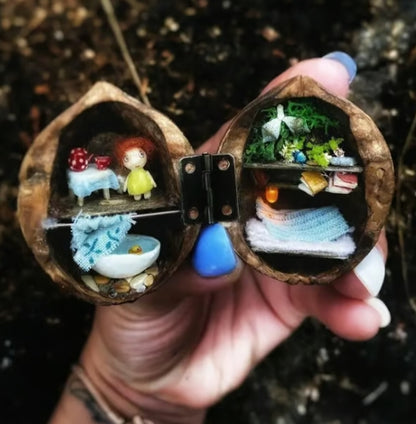 NEW Handmade 🏠 Walnut Shell Doll House--mini library, tiny World inside walnuts