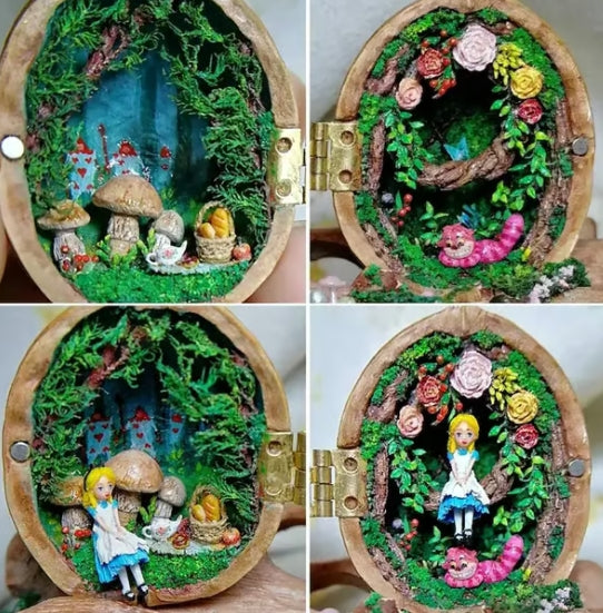 NEW Handmade 🏠 Walnut Shell Doll House--mini library, tiny World inside walnuts