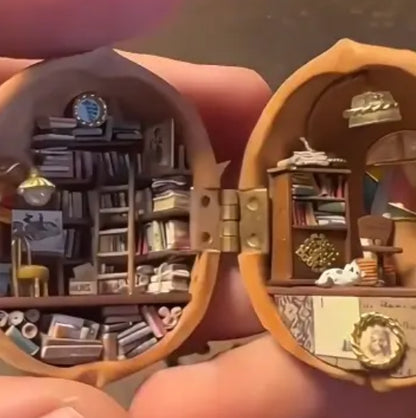 NEW Handmade 🏠 Walnut Shell Doll House--mini library, tiny World inside walnuts