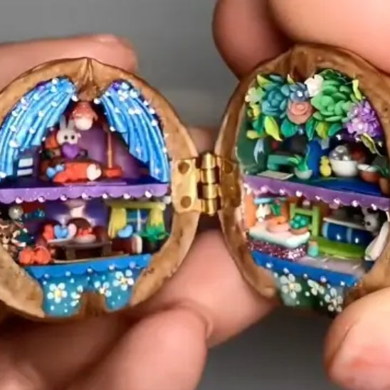 NEW Handmade 🏠 Walnut Shell Doll House--mini library, tiny World inside walnuts