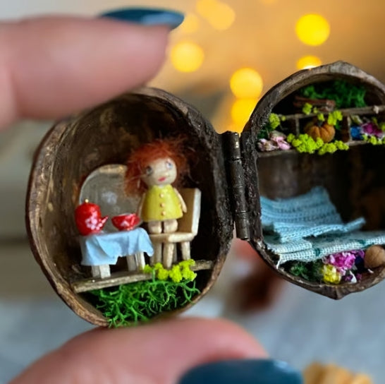 NEW Handmade 🏠 Walnut Shell Doll House--mini library, tiny World inside walnuts