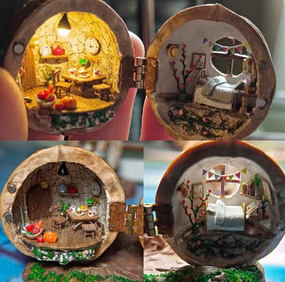 NEW Handmade 🏠 Walnut Shell Doll House--mini library, tiny World inside walnuts