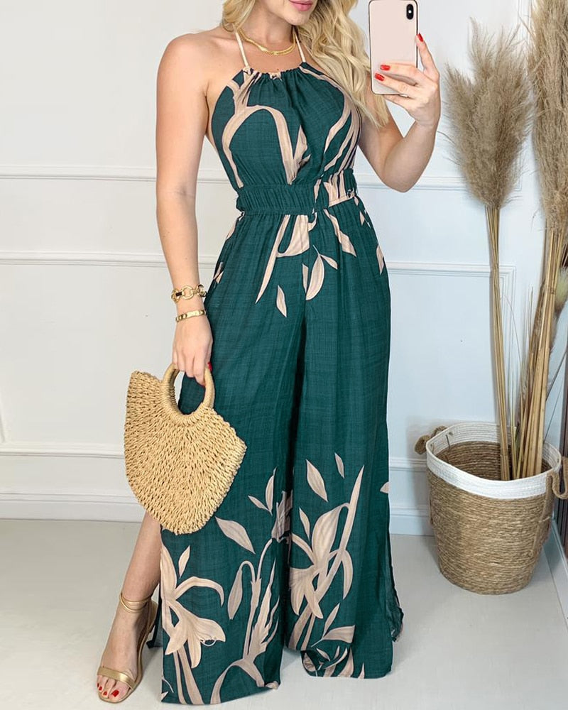 2021 Summer Holiday Wear Clothes Women's Sexy Halter Colorblock Slit Leg Jumpsuit Printed Sleeveless Casual Outfits